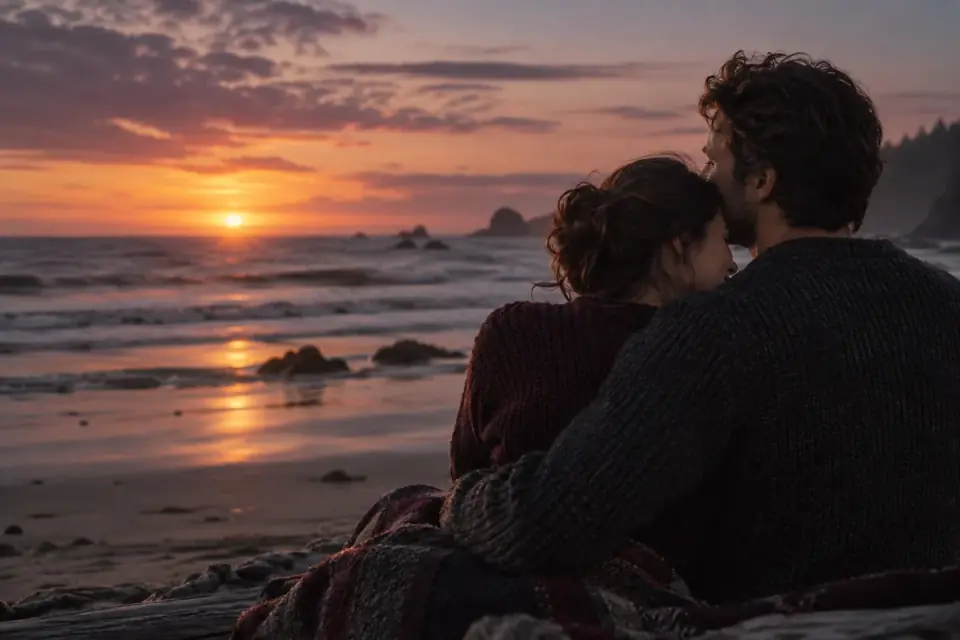 A couple embracing beside a quiet sea at dusk