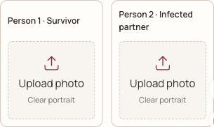 The actual Zombie Couple web studio at a 390-pixel viewport, showing separate survivor and infected-partner photo fields