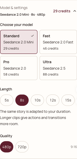 The actual mobile-width Model and settings panel showing model, duration, resolution and credit controls