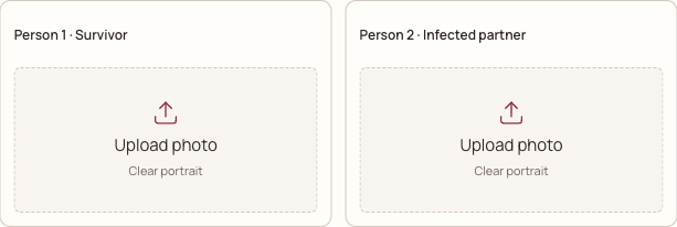 Actual Zombie Couple studio upload fields labeled Person 1 Survivor and Person 2 Infected partner